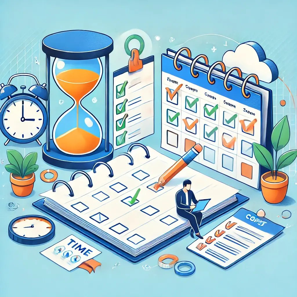 DALL·E 2025-02-18 16.26.08 - A visually appealing illustration representing time management and productivity. The image features a person organizing tasks on a large planner, an h