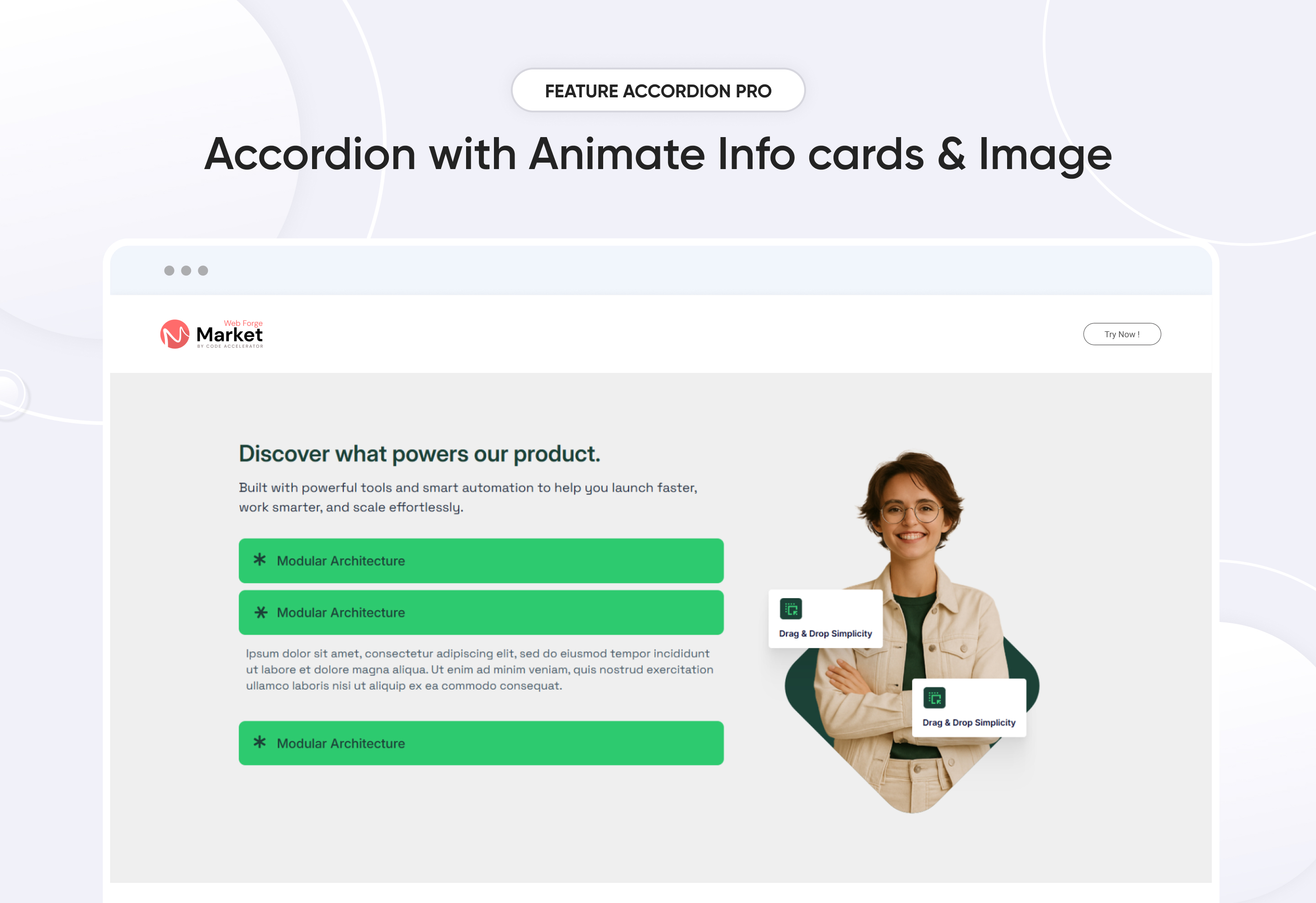 Accordion with Animate Info cards & Image