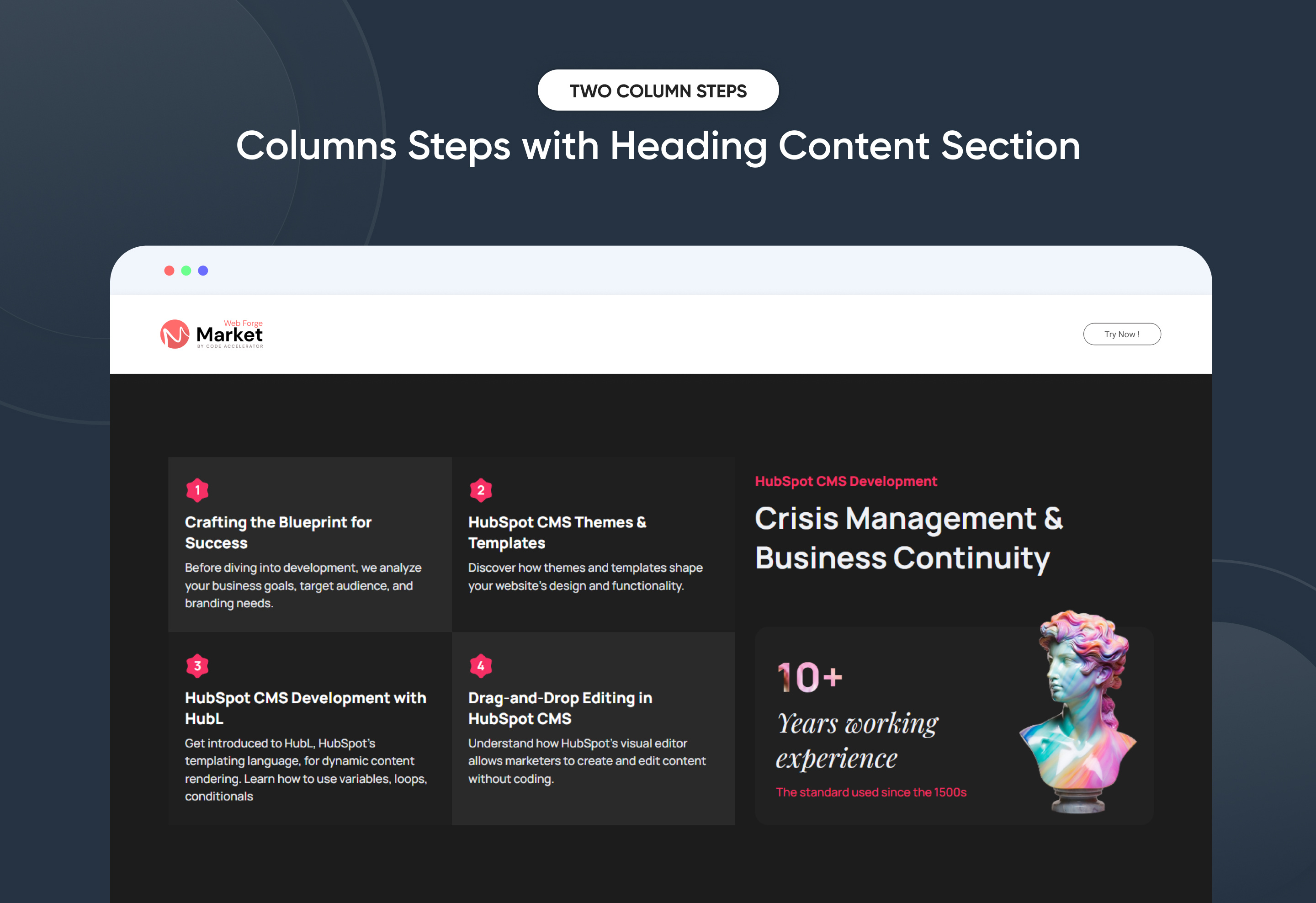 Columns Steps with Heading Content Section