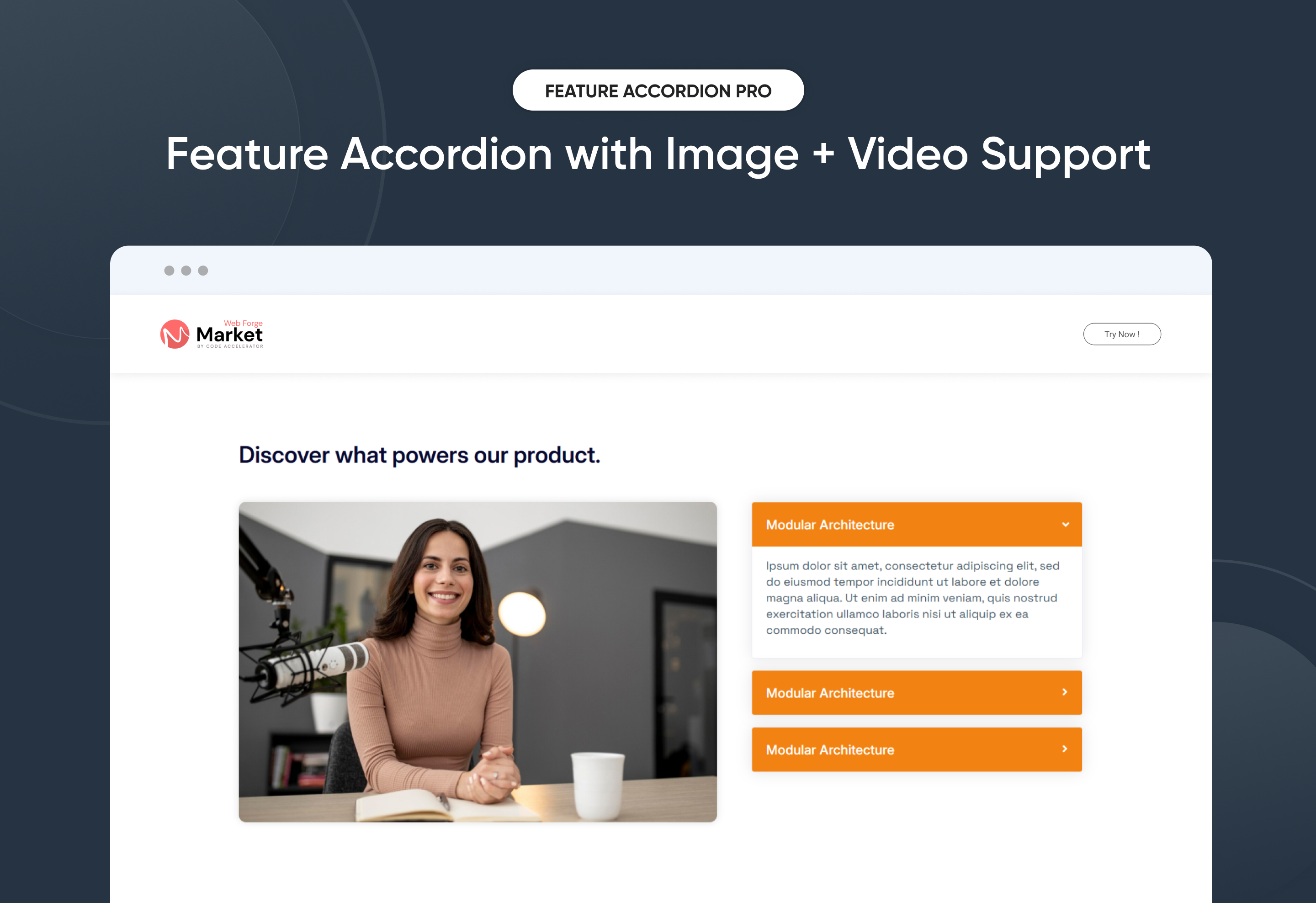 Feature Accordion with Image + Video Support