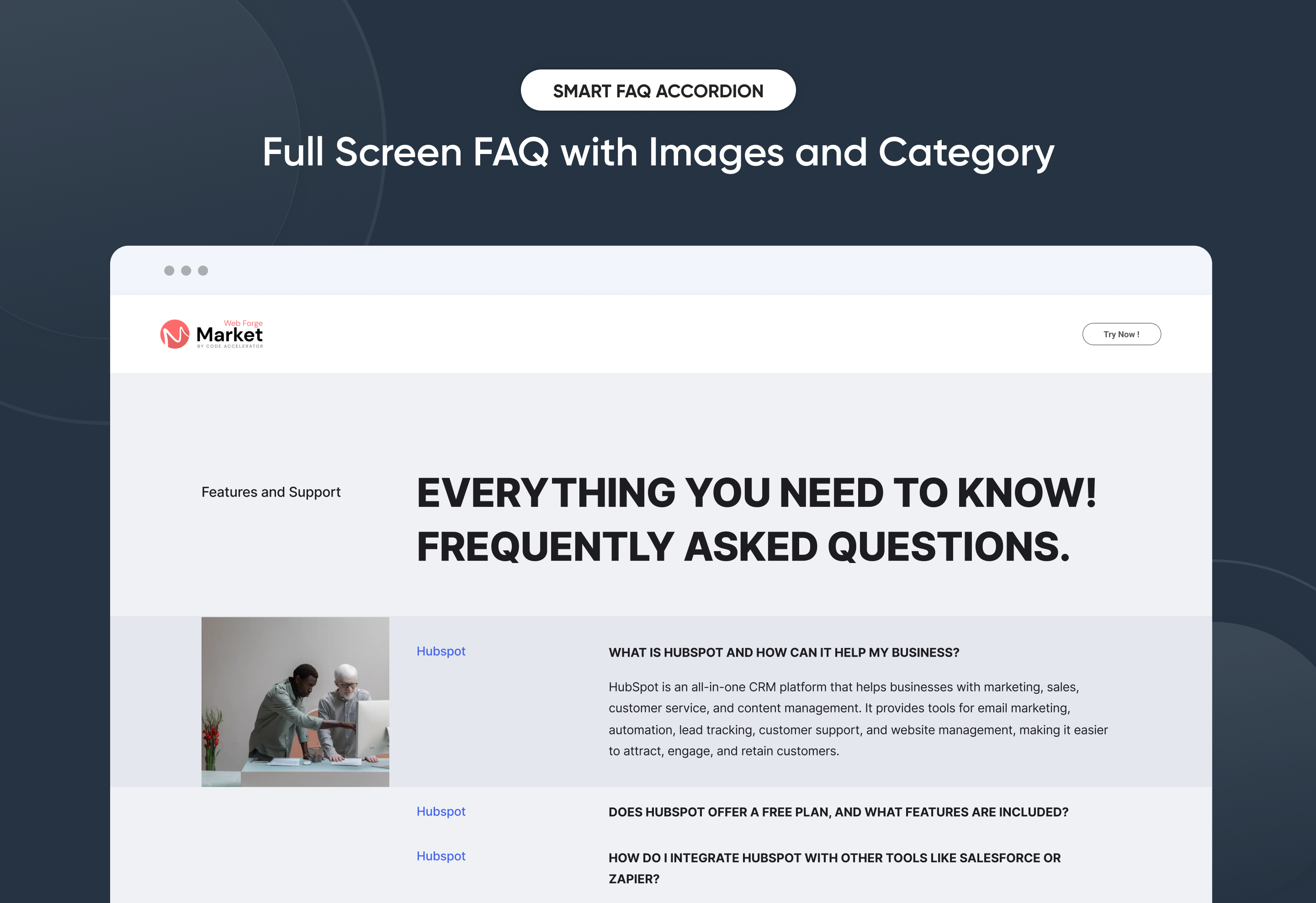 Full Screen FAQ with Images and Category