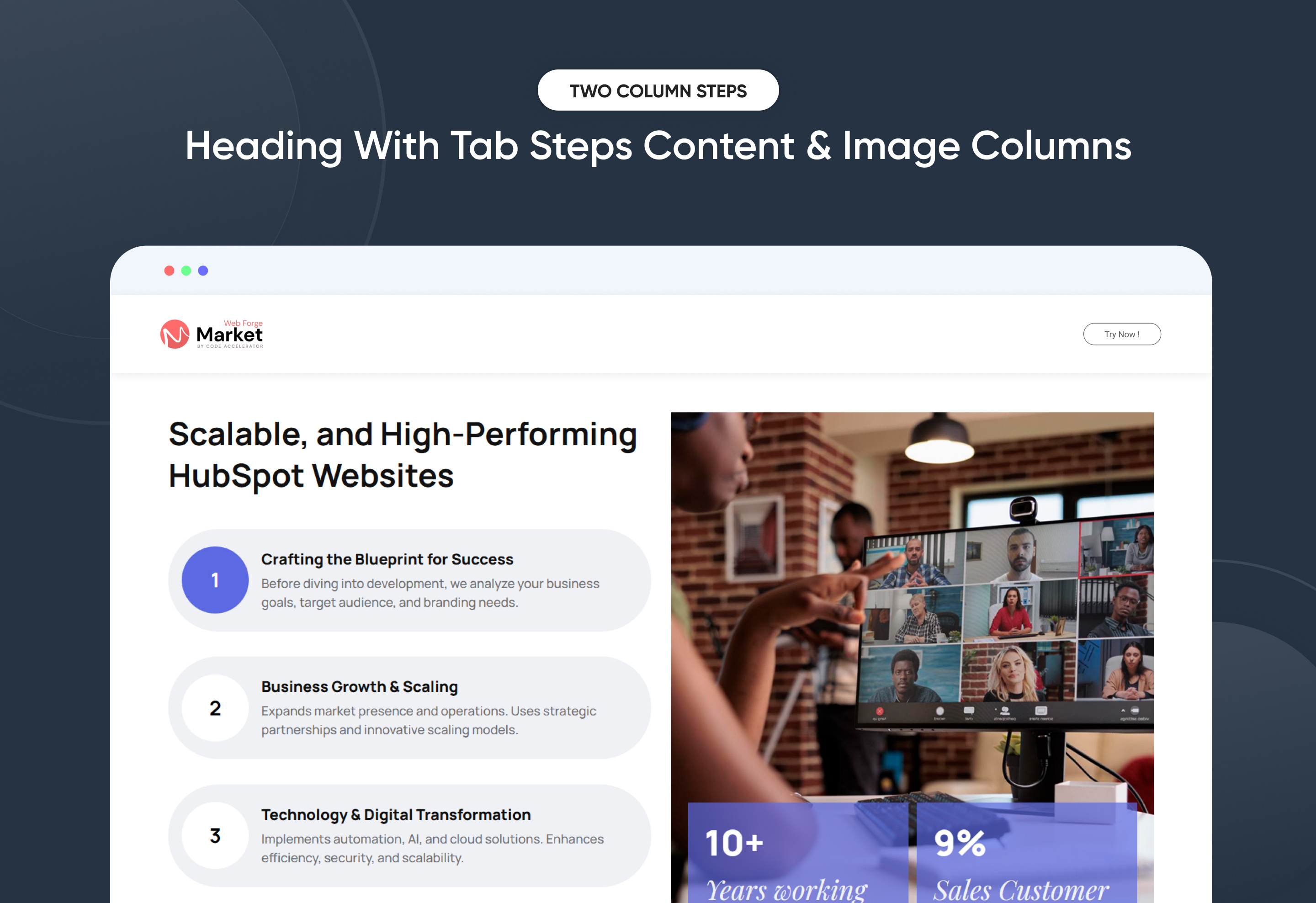 Heading With Tab Steps Content & Image Columns