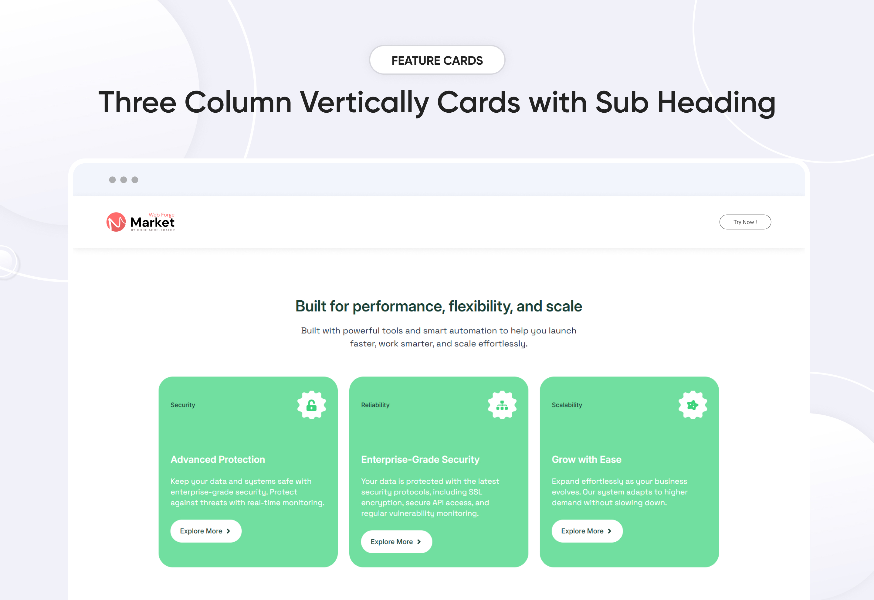 Three Column Vertically Cards with Sub Heading