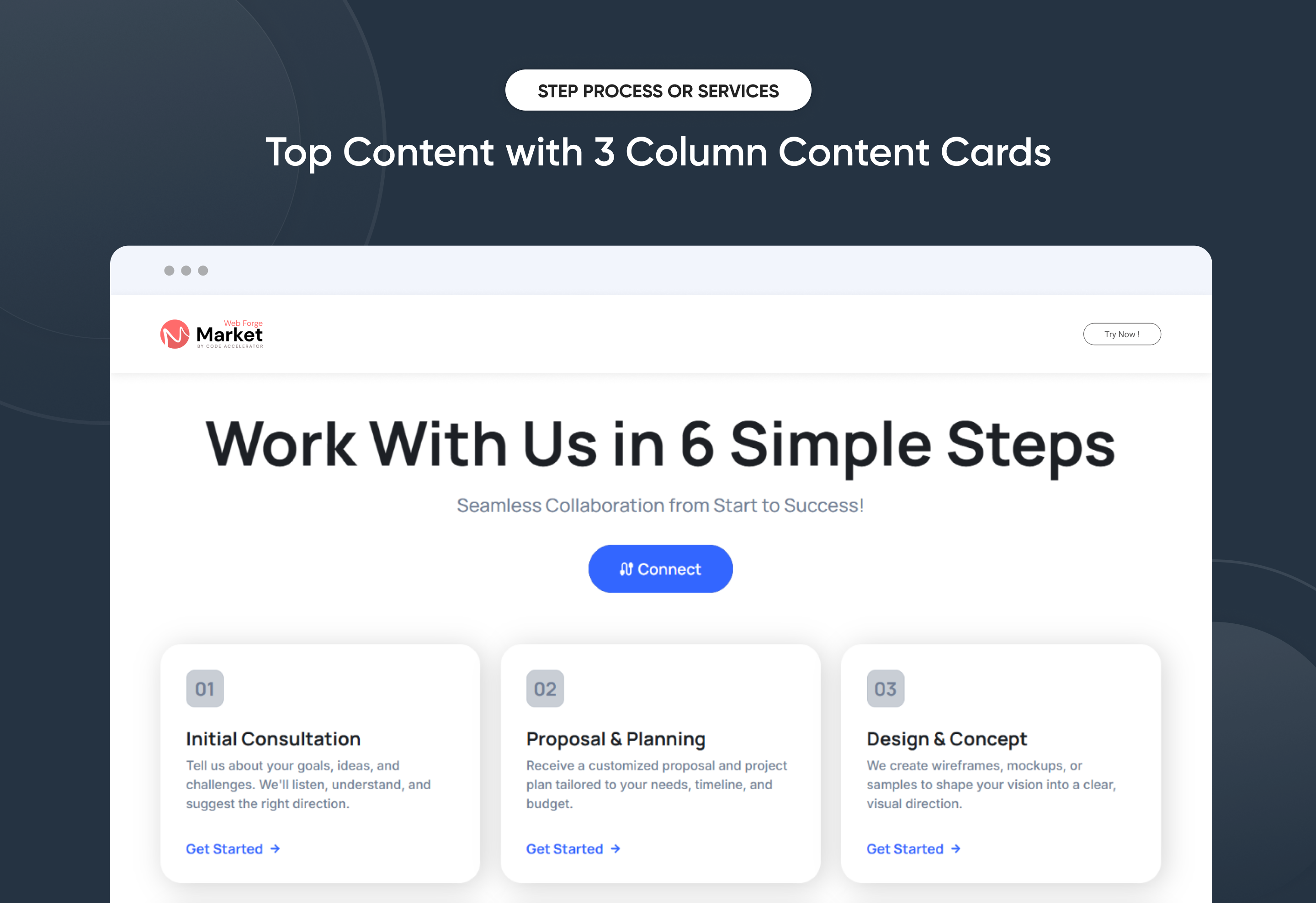 Top Content with 3 Column Content Cards
