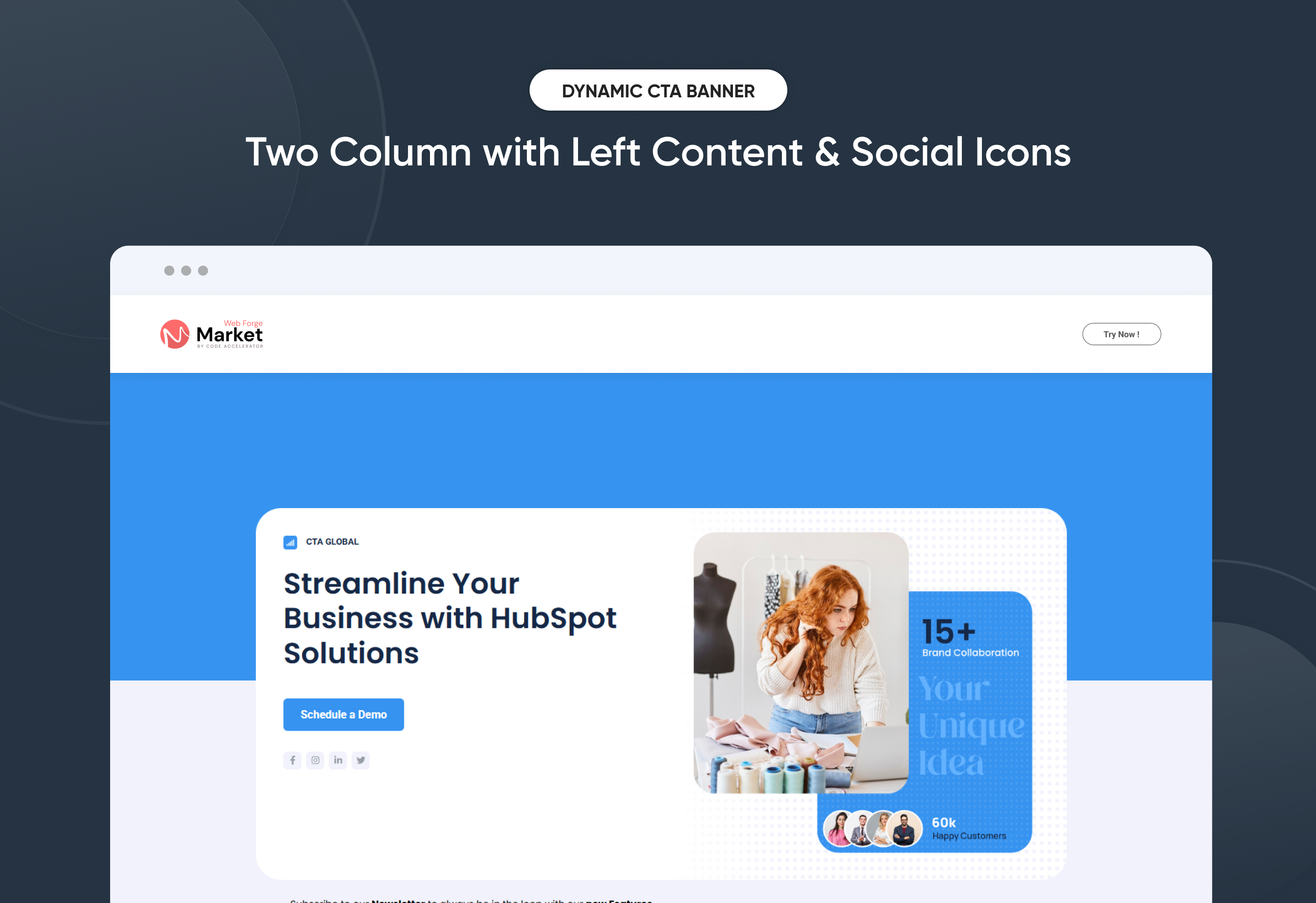 Two Column with Left Content & Social Icons